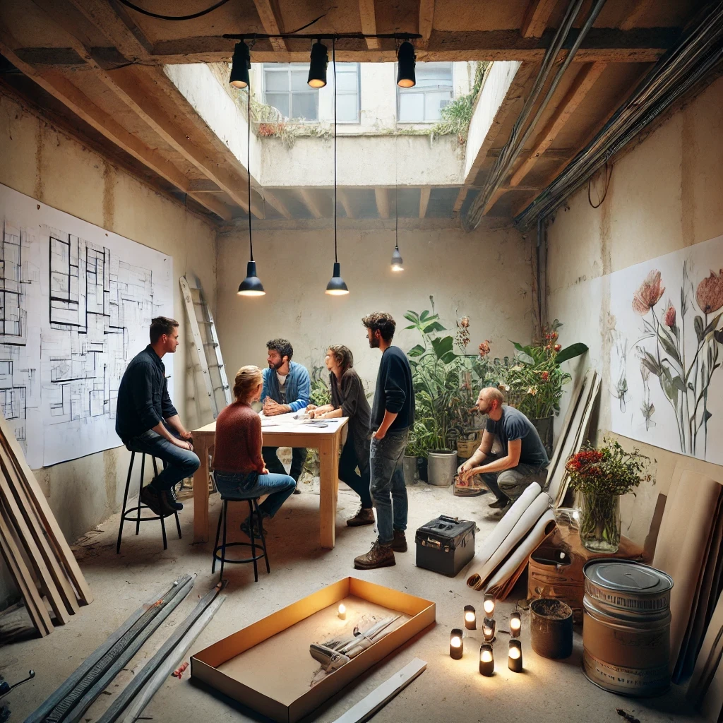 Réunion de chantier fleuriste architecte d'intérieur