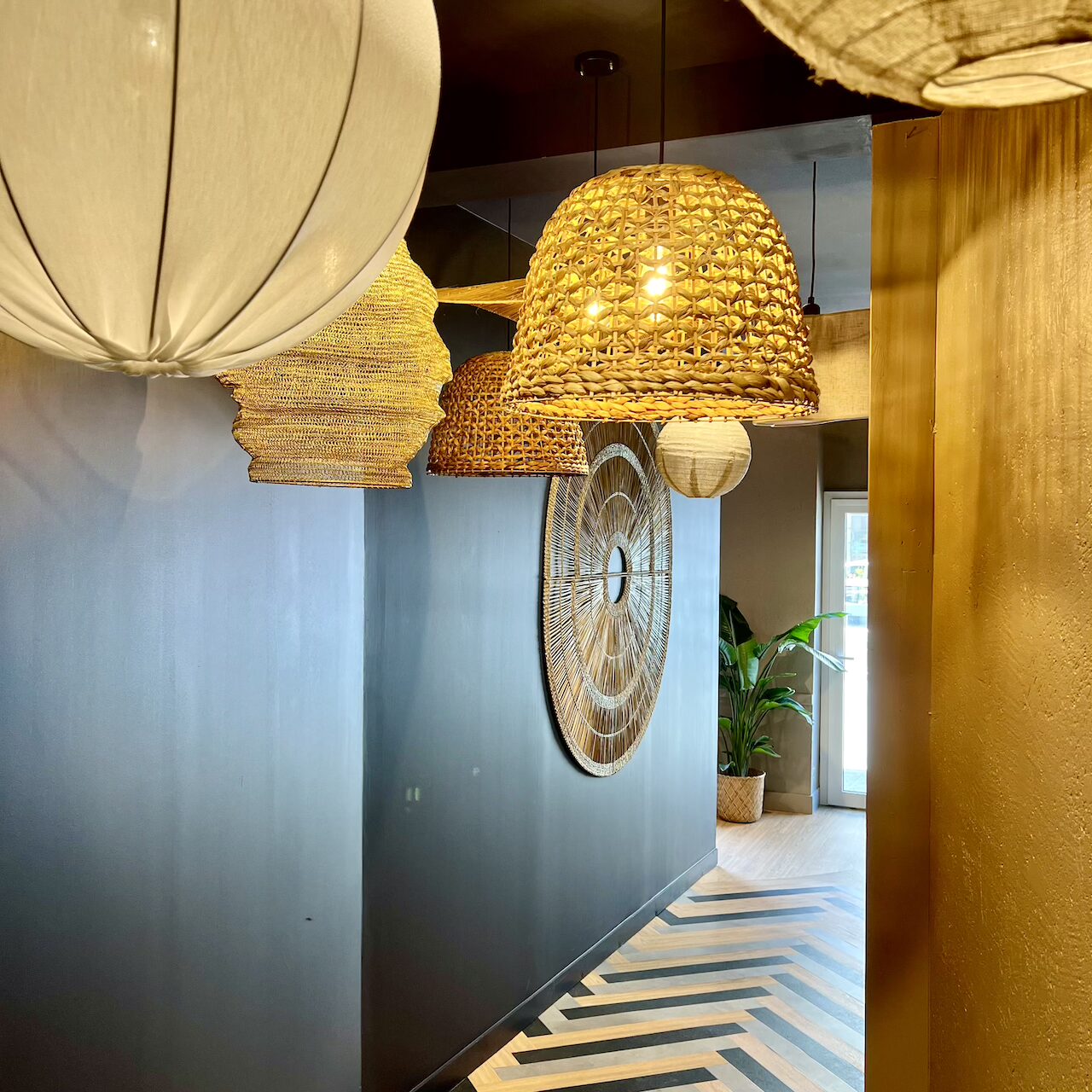 Couloir avec mur bleu profond, sol en parquet chevron et suspensions naturelles suspendues