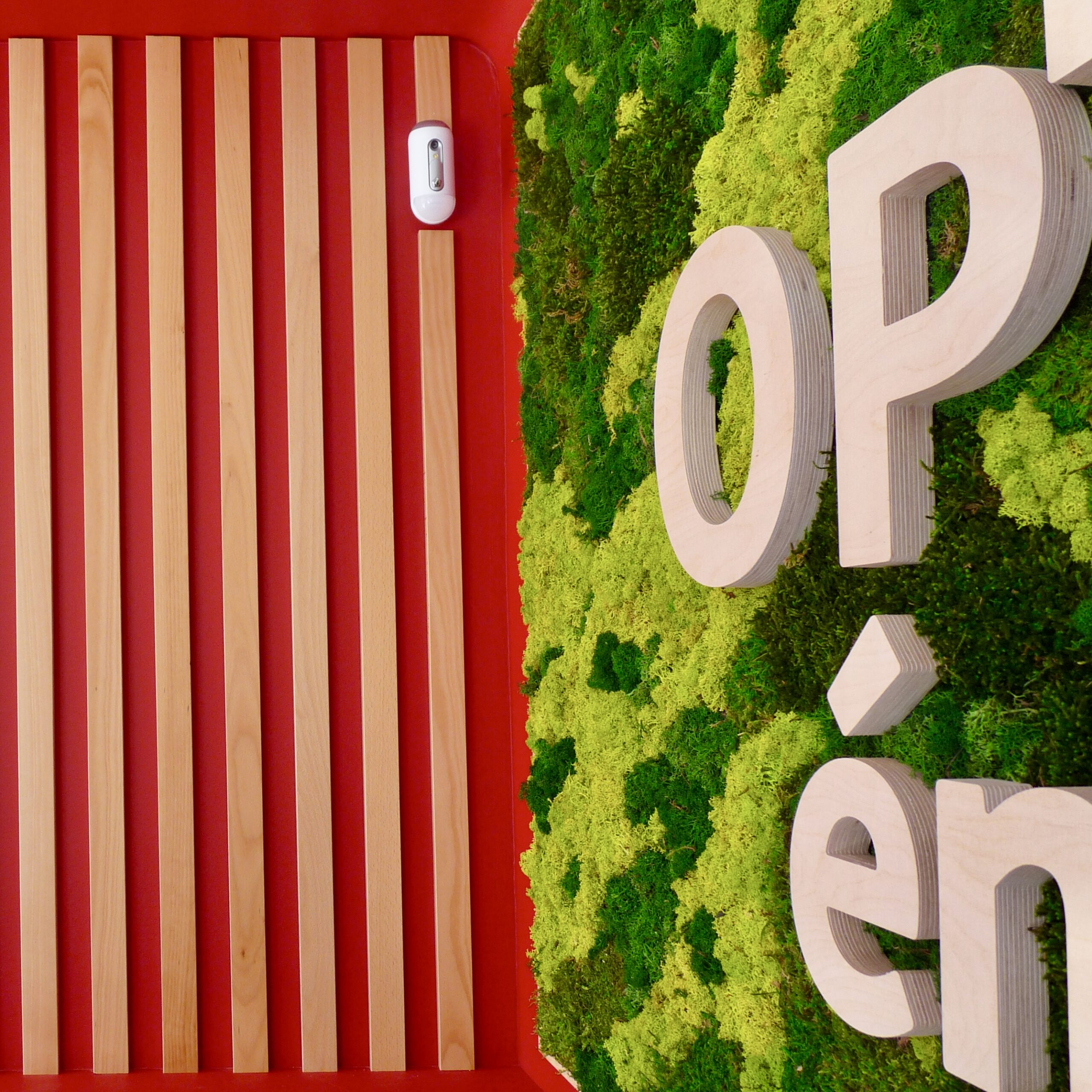 Zoom sur le logo végétal intégré à l’aménagement du showroom de l’artisan.